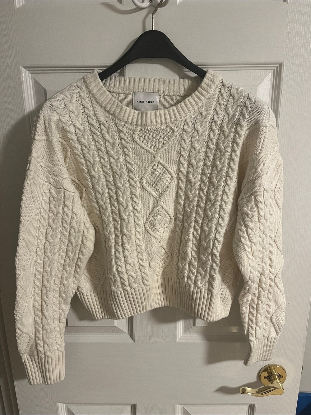 Pink Rose Cream Cable Crewneck Sweater